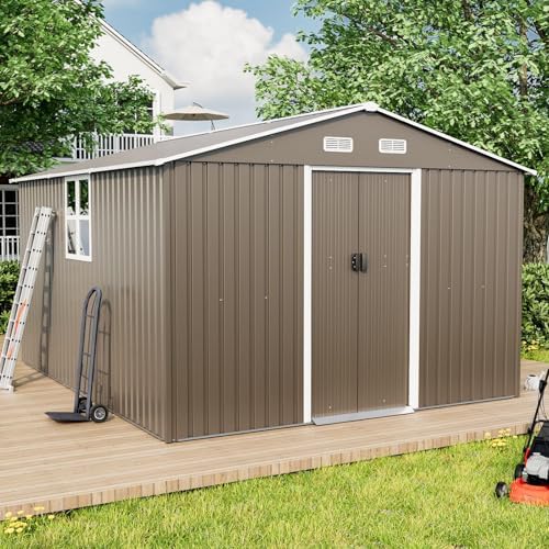 Gotland 10FT x 8FT Metal Storage Shed, Outdoor Storage Shed with Lockable Slide Doors & 2 Windows, Utility and Tool Shed with Slooping Roof for Garden, Backyard, Patio, Lawn