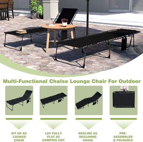 Foldable Chaise Lounge Chair with Detachable Pillow & Pocket, Outdoor Portable Tanning Chair with 4 Position Adjustable Back, Patio, Beach and Pool, Black