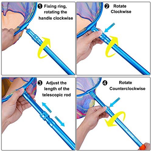 PLUSINNO Kids Fishing Net, Landing Net with Carbon Fiber Telescopic Pole Handle and Ultralight Aluminum Alloy Ring, Catch and Release Butterfly Net for Kids