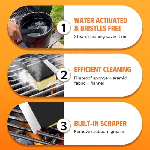 MEKER Grill Brush Bristle Free, Grill Cleaner Brush with 3 BBQ Replacement Head, Seamless Scraper Tool for Cast Iron, Stainless Steel Grates, Safe Grill Scraper Outdoor BBQ Grill, Black