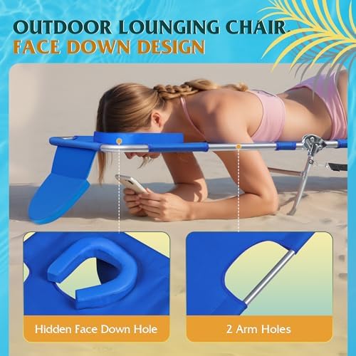 WLIVE Beach Chair for Adults, 4-Position Folding Tanning Chairs with Face Hole, 2 Legs Support Portable Outdoor Chair for Beach, Pool, Blue