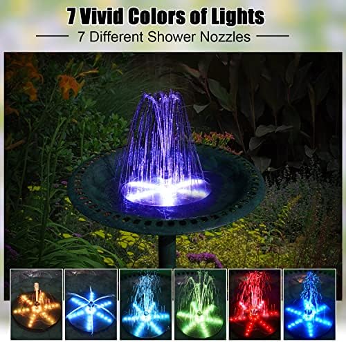 Solar Bird Bath Fountains Upgraded, 4W Solar Powered Water Fountain Pump with 4000 Battery, 7 Nozzles & 4 Fixers, Colorful LED Lights for Garden, Pond, Swimming Pool, Fish Tank, and Outdoor