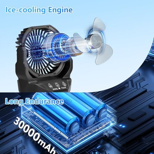 Portable Misting Fan with 30000mAh Battery, 2L Water Tank, Remote Control, RGB Light – 4 Wind Speeds, 4 Spray Modes (Continuous/3S/5S/7S), 120° Adjustable, Ideal for Camping, Patio & BBQ