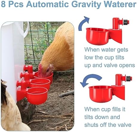 Chicken Feeder No Waste Automatic Poultry Feeder Ports Chicken Feeders and Waterer Set Chicken Feeder Kit 8 Chicken Water Cups with 8 auto Chicken Feeders Ports