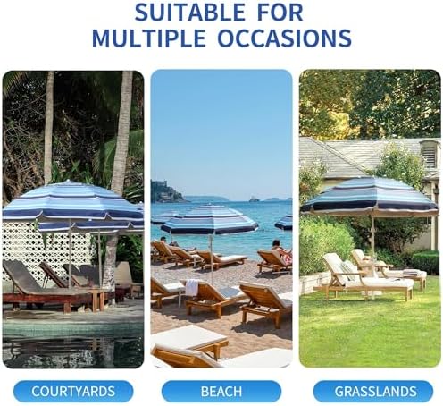 7ft Heavy Duty High Wind Beach Umbrella Parasols with sand anchor & Tilt Sun Shelter, UV 50+ Protection Outdoor Sunshade Umbrellas Carry Bag for Patio Garden Pool Backyard Stripe Blue