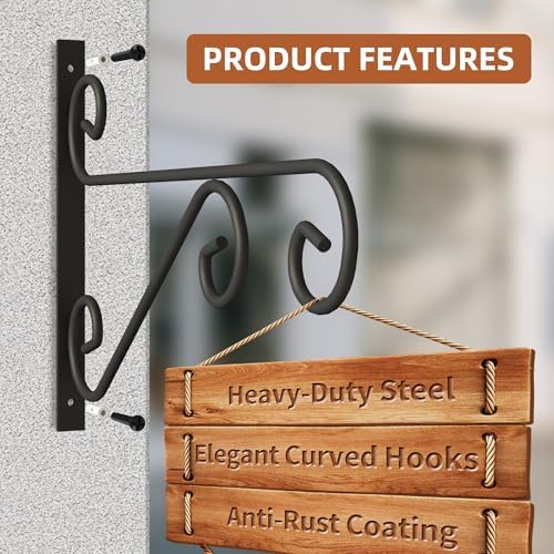2 Pack 16 Inch Plant Hangers Outdoor Bracket, Indoor Wall Mount Metal Heavy Duty Rust-Resistant Bird Feeder Plant Hooks for Hanging Planters, Flower Baskets, Black