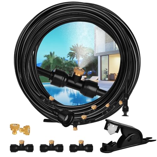 Misting Cooling System,100FT (30M) DIY Misting Line + 30 Brass Mist Nozzles +2 PE Antioxidant Adapters 3/4", Outdoor Mister for Patio Backyard Garden Greenhouse
