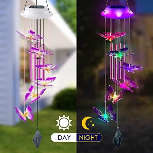 Solar Butterfly Wind Chimes, Gifts for Mom Women, Glowing Top Changing Colors LED Wind Chime for Outside with 4 Iron Tubes, Outdoor Decor Mobile for Garden Yard (Purple)