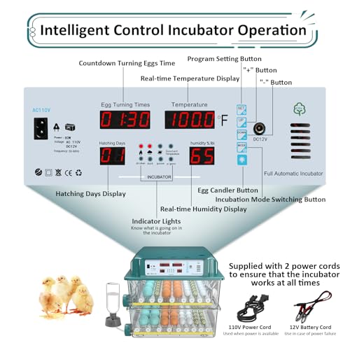 Incubators for Hatching 120 Eggs, Egg Incubator with Automatic Egg Turning and Humidity Monitor, Temperature Control, 5 Automatic Incubation Modes and Incubation Days Record