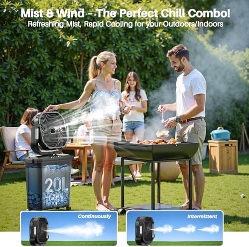 Ausic 12-inch 20L Bucket Misting Fan Portable, 30000mAh Outdoor Fans for Patios/Camping/Beach/Golf etc., Rechargeable Battery Powered Water Cooling Fan with LED Light, Timer, Caster, Oscillating