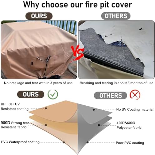 QH.HOME Fire Pit Cover Square-40-44 Inch Heavy Duty 900D Strong Tear-Resistant and UV Resistant and Waterproof and Fading Resistant Material Polyester Firepit Covers for Outdoor Fire Table-Wheat