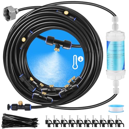 Misters for Outside Patio with Water Filter, Patio Misters for Cooling Outdoor, 66FT (20M) Misting Line 18 Brass Misters Metal Adapter(3/4"), Misting System Kit for Garden Greenhouse Gazebo Trampoline