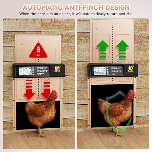 FAKI Automatic Chicken Coop Door Solar Powered with Timer Light Sensor, 2000mAh Battery and 4 Modes, Anti-Pin Brown.