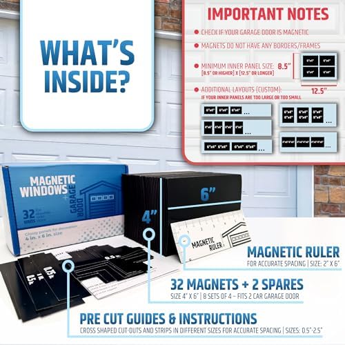 Strong & Glossy Magnetic Garage Door Windows - Looks Like Real Window Panels/Faux Panes - Decorative Hardware Kit - Easy to Align & Will Never Fall (Upgraded Magnets) | Fits 2 Car Garage | 32pcs 4"X6