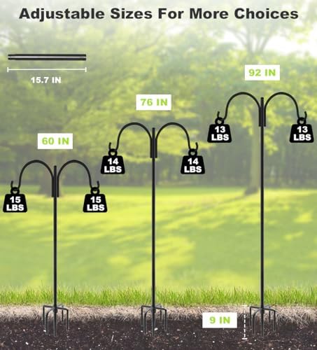 Artibear Double Shepherd Hooks for Outdoor, 92" Heavy Duty Bird Feeder Hangers Garden Hooks with 5-Prong Base, Outside Hanging Pole for Plant Baskets, Solar Light Lanterns, Wind Chimes, 1 Pack