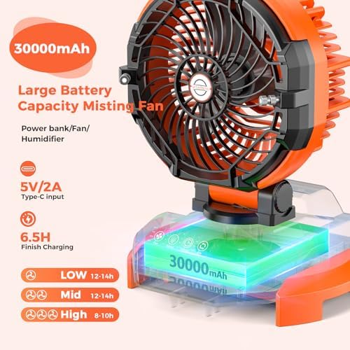 Portable Misting Fan, 30000mAh Rechargeable Battery Powered Floor Cooling Fan with 4 Strong Winds, 4 Spray Mister, Adjustable Base for 10-13in Bucket for Camping, Beach, Patio (No Bucket)- Orange