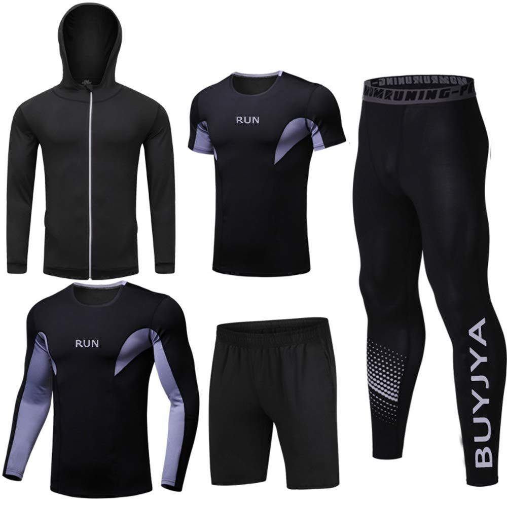 BUYJYA 5Pcs Men's Compression Pants Shirt Top Long Sleeve Jacket Set Suit (B Style, 2XL)