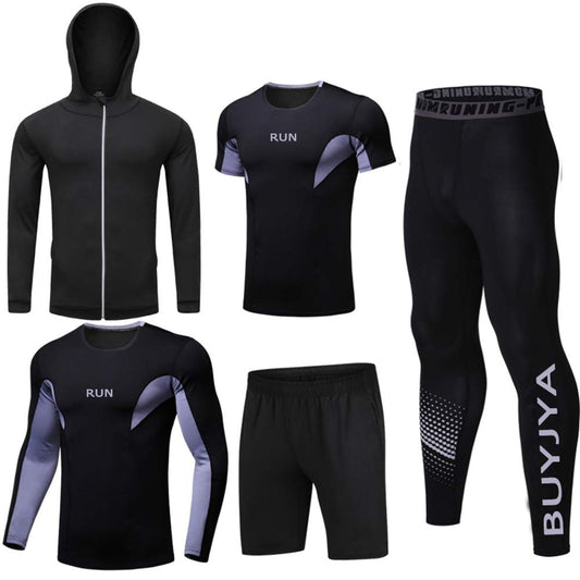 BUYJYA 5Pcs Men's Compression Pants Shirt Top Long Sleeve Jacket Set Suit (B Style, 2XL)