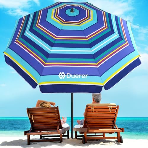 Duerer Beach Umbrellas, 8.5FT Beach Umbrella for Sand with Anchor Heavy Duty Windproof, Height Adjustable Tilt Iron Pole, Portable Beach Umbrella with Carrying Bag for Beach, Patio Garden Outdoor