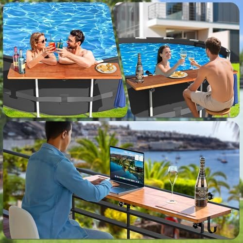 Above Ground Pool Bar Table, Acacia Solid Wood Foldable Poolside Bar, Fits Round or Oval Top Rail 3.7" or Less, Swim Up Bar Shelf Holds up to 110LBS, Frame Above Ground Pool Accessories
