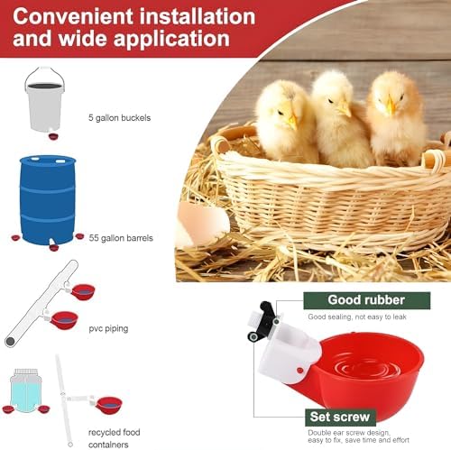 20 Pack Chicken Waterer Cups 3/8 Inch Large Automatic Chicken Water Feeder for Poultry Water Feeder Kit Chick Waterer with Mounting Hole Opener, Suitable for Ducks, Turkeys, Etc
