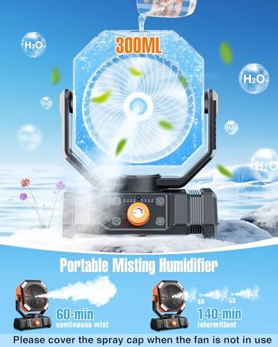 Misting Fan, Portable Outdoor Fans with Remote, 20000mAh Rechargeable Battery Portable Fan for Outdoors Patios, Camping Fans 270° Adjustable, Hanging & Lighting for Outdoor Indoor cooling