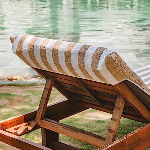 Arkwright California Chaise Lounge Cover - Pack of 2 - Striped Soft Cotton Cabana Towel with Pocket Holder for Beach Pool Outdoor Chair, 30 x 85 in., Beige