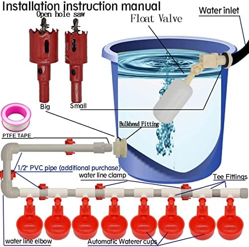 Complete Set Pipeline Automatic Chicken Nipple Waterer Cups and 1/2" PVC Tee Fittings Pipe Feeder Poultry Waterer