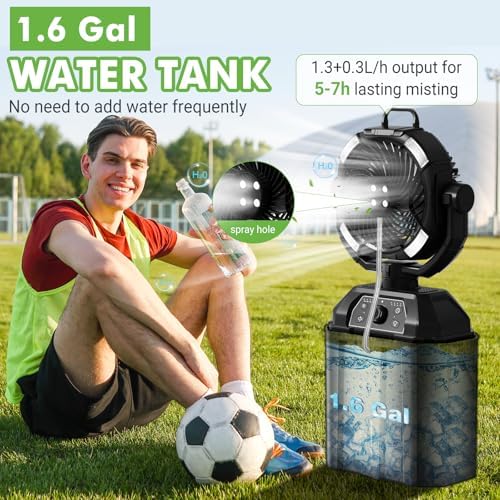 Portable Misting Fan for Outdoor Patio, 20000mAh Rechargeable Battery Operated Camping Mist Fan with 1.6 Gal Water Bucket, Strong Winds Cooling Mister for Outside Sports/Travel/Party/Golf/Tent, Black