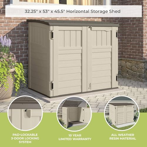 Suncast 34 Cu Ft Capacity Horizontal Outdoor Storage Shed for Garbage Cans, Garden Accessories, Backyard, and Patio Use, Vanilla