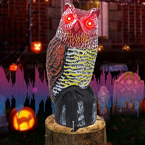 Hausse Solar Fake Horned Owl Statue, Solar Powered Halloween Motion Activated Scarecrow Deterrent Owl with Red Eyes, Scary Sound Scare Birds Away for Garden Yard Outdoor