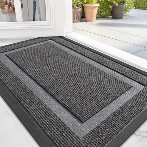 OLANLY Front Door Mat Indoor Outdoor Entrance, Waterproof All-Season, All-Weather Doormat, Sturdy Natural Rubber, Fade Resistant, Low Profile, Easy Clean Patio Porch Entryway Mat, 29.5x17, Dark Grey