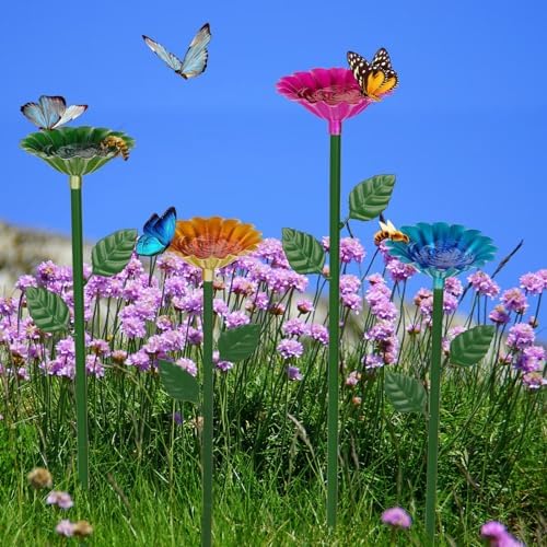 4 Pack Bee Watering Station, Bee Bath for Garden Metal Bee Water Feeder with Flower Design, Colorful Butterfly Bee Bath Bowl for Outdoor Garden Yard Decor (Red,Green,Blue,Yellow)