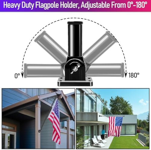 5FT Black Flag Pole Kit for Outside House with American Flag & Solar Light,1" Thickened Stainless Steel Wall Mount Flagpole with 180°Adjustable Bracket for Residential Outdoor Porch