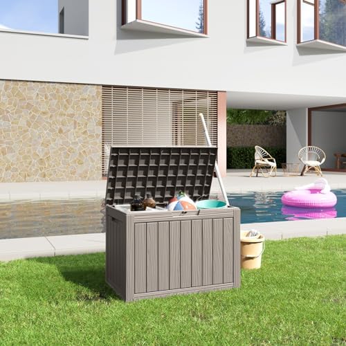 45 Gallon Resin Deck Box, Lockable Patio Outdoor Storage Box for Furniture, Garden Tools and Tools Storage, Waterproof Outside Storage Boxes - Grey
