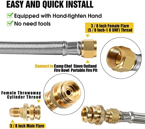 Propane Hose, 12FT Stainless Steel Quick Connect Hose for RV, 1/4'' Quick Disconnect Connect for RV to Gas Grill, Compatible with 1 LB Portable Appliance to RV 1/4" Female Quick Disconnect