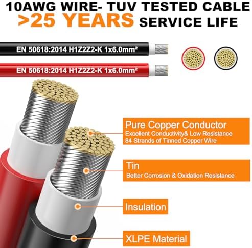 Oududianzi 2x50 Feet Solar Panel Wire, 10AWG Solar Wire H1Z2Z2-K Tinned Copper Solar Extension Cable for Photovoltaic Solar System, Automotive RVs, Boats (50FT Red + 50FT Black)