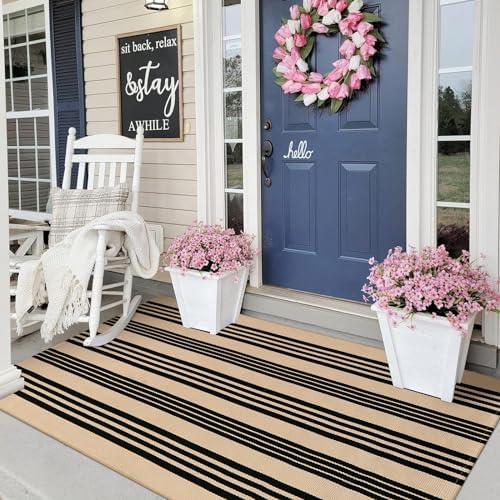 Black and Khaki Striped Rugs 3x5, Outdoor Cotton Hand Woven Front Door Mat,Washable Reversible Layered Door Mats, Foldable Front Porch Rug for Entryway/Home Entrance/Farmhouse
