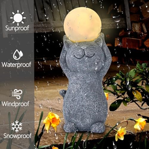 Solar Garden Decor Cat Moon Outdoor Statue and Figurine Lights, Outdoor Patio Sculpture Decor LED Lights Gifts for Mom or Daughter, Garden Statues Birthday Gifts for Women Home and Yard