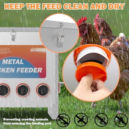 85 Pounds Automatic Chicken Feeder 6 Ports Large Gravity Fed Chicken Feeder with Latch & Handle for Chickens Bantams Pheasants Poultry Coop Weatherproof