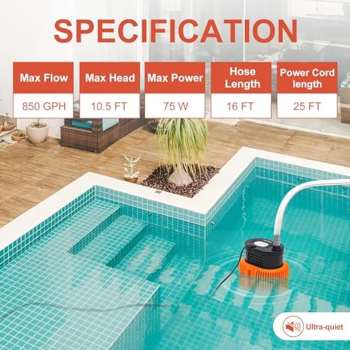 AgiiMan Pool Cover Pump Above Ground - Submersible Swimming Sump Inground Pump, Water Removal with 16' Drainage Hose and 25 Feet Power Cord, 850 GPH, 3 Adapters
