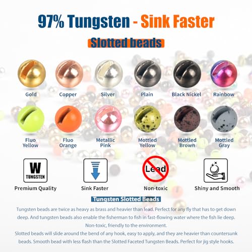 MUUNN 50pcs Tungsten Slotted Beads for Fly Tying,12 Colors/13 Sizes Tungsten Beads Heads Slotted Fly Tying Materials(Rainbow,2.5mm