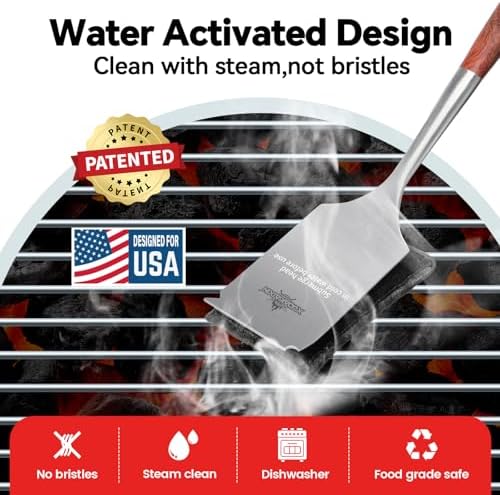 Bristle-Free Steam Cleaning Grill Brush,with Extended Luxurious Rosewood Handle and 1 Replacement Head,BBQ Grill Cleaning Brush Kit,Safe Grill Cleaner for Outdoor Grill,Gifts for Men/Dad