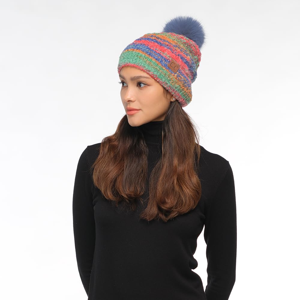 C.C Multi Color Space Dye Pom Beanie/Lining (Poly) / Pom Faux Fur for Women Unisex - Wool Stretchable Soft Warm with Faux Fur Pom Knit Winter Skully Hat (Red Combo)