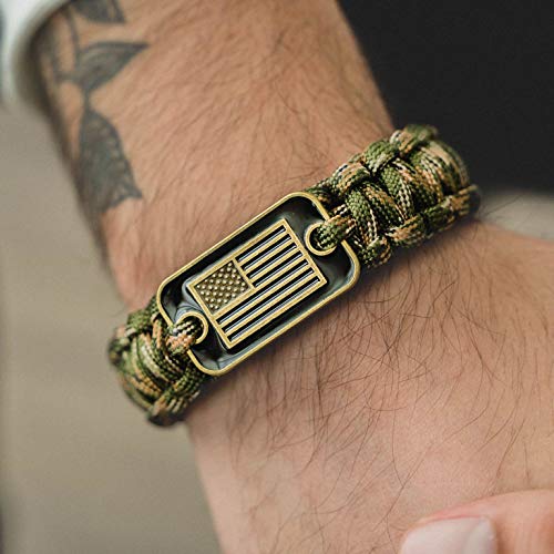 Hero Company Camo Paracord Bracelet - Tactical Survival Bracelet for Men with Bronze USA Flag - Helps Pair Military Veterans with a Companion Dog