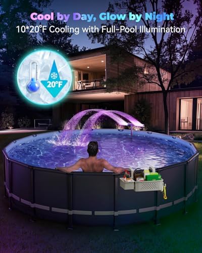 Pool Fountain with 8-Color 4-Mode LED Lights, Above/Inground Pool Fountain Lights with Remote, 360°Adjustable Pool Sprinkler for Relaxation & Cooling 10-20°F
