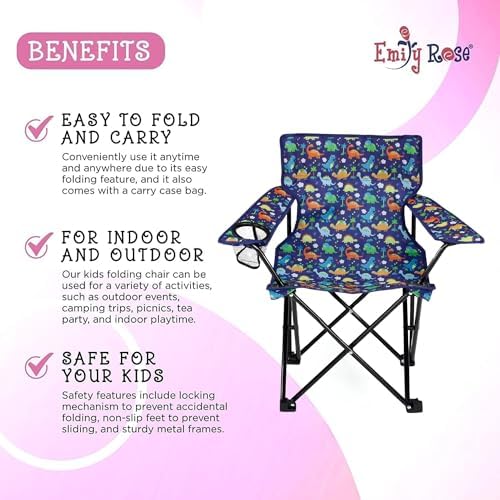 Emily Rose Kids Folding Beach Camping Chair Chair with Safety Lock, Cup Holder & Carry Case - Boys Girls Small Toddler Tailgate, Travel, Lawn Chair for Indoor & Outdoor (Playful Dinosaurs)