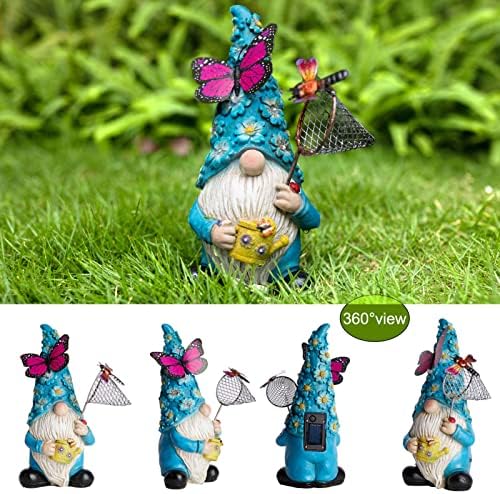 Garden Gnome Statues Outdoor Decor Solar Gnomes with Butterfly on LED Lighted Flowers, Resin Blue Gnomes Sculpture for Patio Yard Lawn Onament Decoration