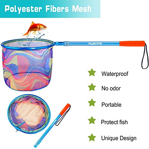 PLUSINNO Kids Fishing Net, Landing Net with Carbon Fiber Telescopic Pole Handle and Ultralight Aluminum Alloy Ring, Catch and Release Butterfly Net for Kids