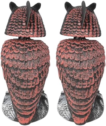 Hausse 2 Pack Fake Owl Decoys to Scare Birds Away, Rotating Head Plastic Owl Bird Deterrents, 10.6 Inch Height Bird Scarecrow Nature Enemy Horned Pest Repellent for Outdoor Garden Yard